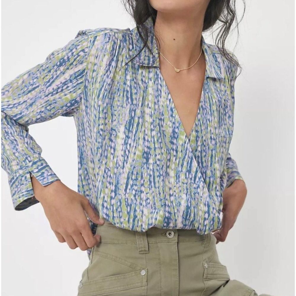 Pilcro Anthropologie Wrap Front Blouse S Blue Green Abstract Print Long Sleeve